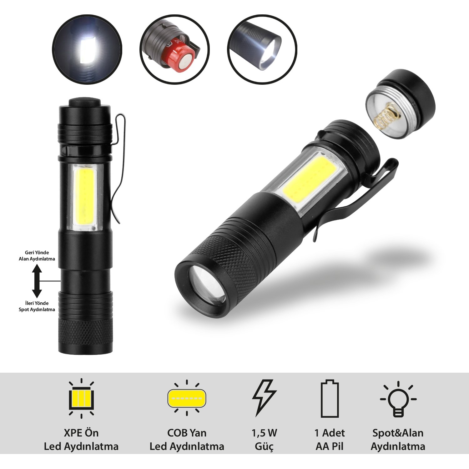 0w6wrb82hswdgvp1r1ob XPE+COB Ledli Metal El Feneri | Zoom Özellikli Spot ve Alan Aydınlatması, Kemer Klipsli Dayanıklı Gövde - Görsel 1