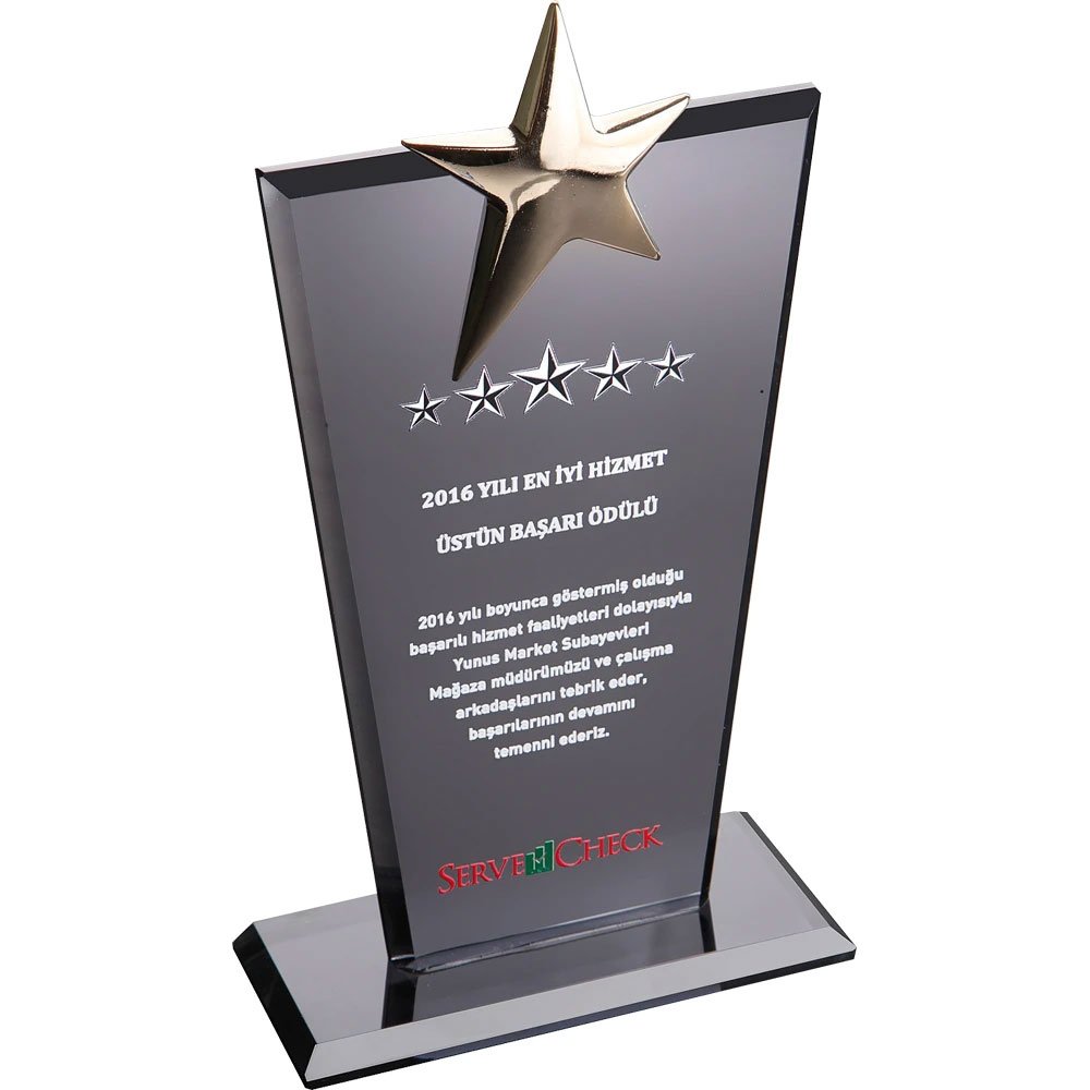 ekt-128_fume Yıldız Temalı Özel Kesim Kristal Ödül | Füme ve Şeffaf Renk Seçenekli Kurumsal Başarı Plaketi - Görsel 1