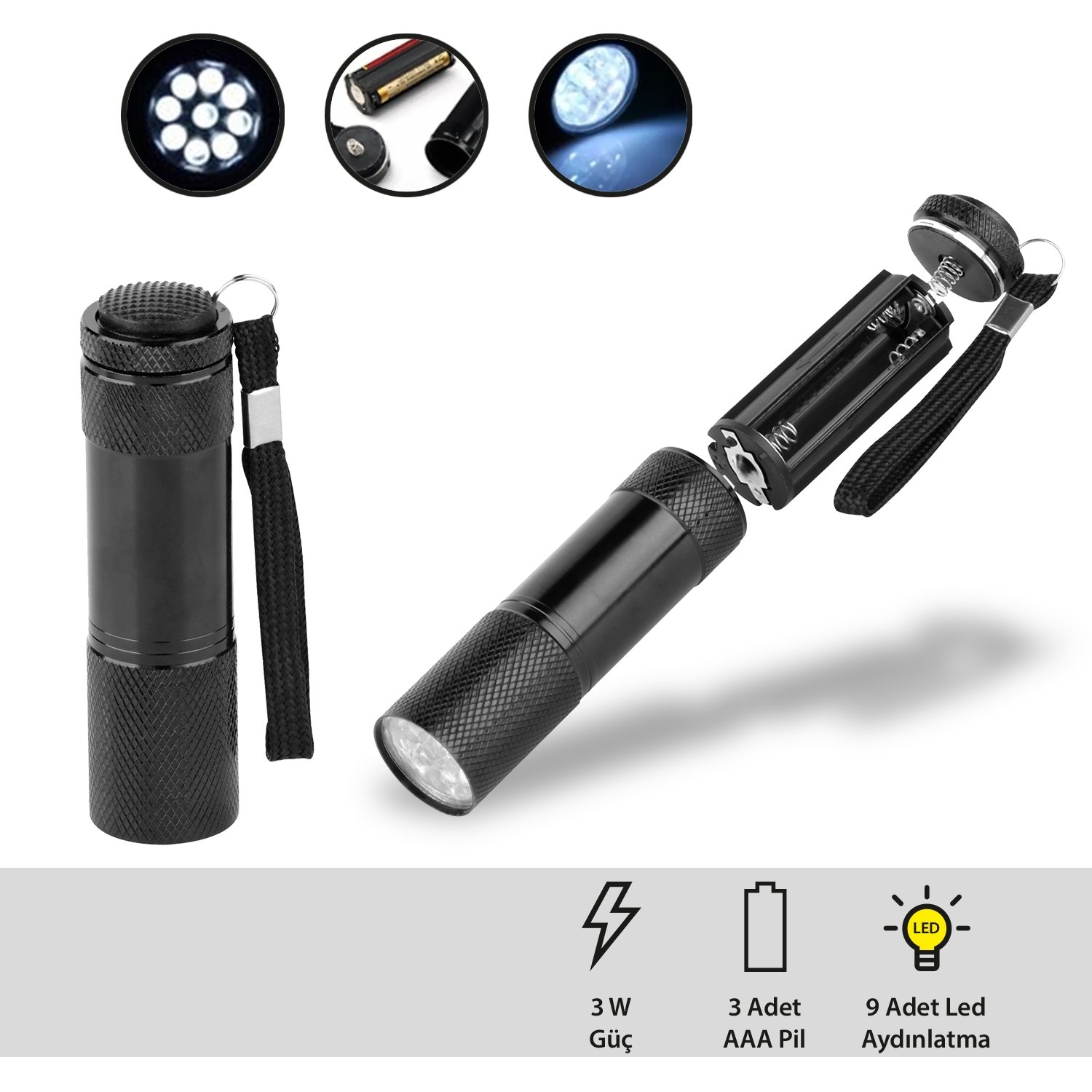 x9cpw5g6oxgk5s7jebl9 9 Ledli Metal El Feneri | 3W Yüksek Aydınlatma Gücü - Görsel 1