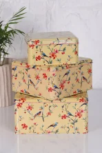 3'lü Set Bahar Temalı Kare Metal Teneke Kutu | Dekoratif Kuş ve Çiçek Desenli Metal Saklama Seti