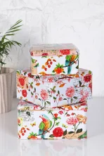 3'lü Set Egzotik Kuş ve Bahar Çiçekleri Temalı Metal Teneke Kutu | Dekoratif Metal Saklama ve Düzenleyici Seti