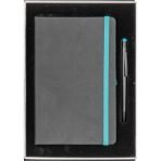 VIP Minimalist İkili Hediye Seti | Turkuaz Detaylı Termo Deri Defter ve Dokunmatik Başlıklı Metal Kalem Takımı