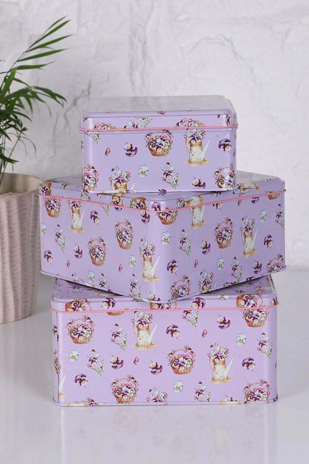 morkutu2 3'lü Set Gökyüzü ve Uçan Balon Temalı Kare Metal Teneke Kutu - Görsel 1